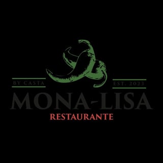 Mona-Lisa Restaurante logo featuring a green dragon illustration with establishment date, black background