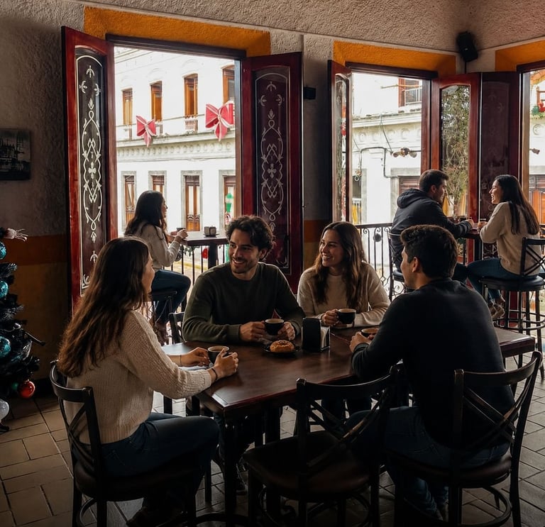 Group of young people gathered around a wooden table in a cafe with ornate wooden doors and large windows overlooking a street